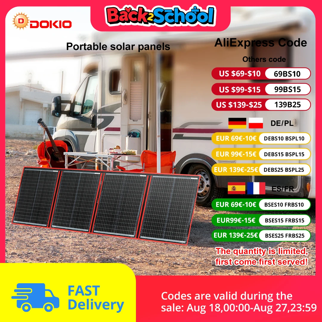 Pannello solare pieghevole portatile Dokio da 160 W con controller 12 V Pannello solare flessibile per viaggio in campeggio in famiglia