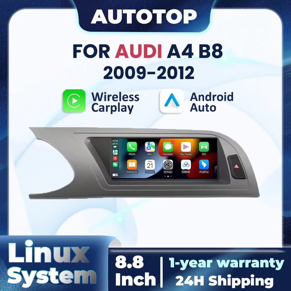 Autoradio sans fil CarPlay Android Auto Linux 8,8 pouces pour Audi A4 B8 2009 2010 2011 2012, écran tactile, système multimédia stéréo
