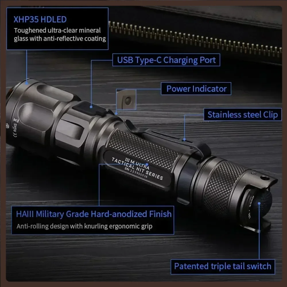 

JETBeam 3M ULTRA EDC Tactical LED Flashlight, 2000 Lumens, USB-C Rechargeable, Water-Resistant, Everyday Carry, Army Gray