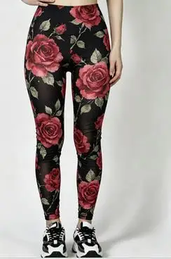 Women's Vintage Floral Leggings Solid Black Pink Rose Large Flower Print Stretchy Slim Fit Pants Bloom Skinny Bodycon Trousers