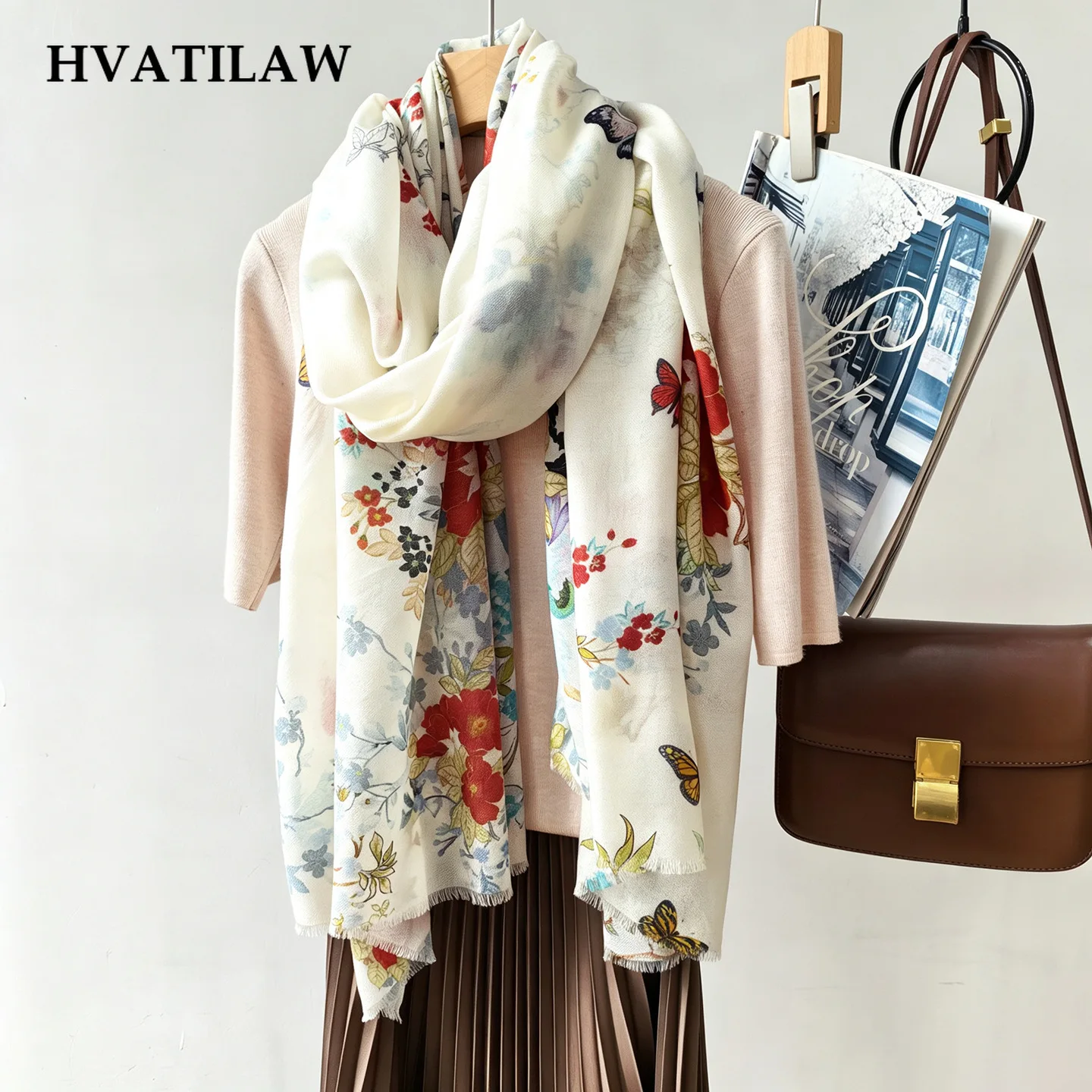 2026 Floral Butterfly Print 100% Wool Large Shawl Women Winter Warm Neck Shoulder Wrap Shawl Neckerchief Scarves Pashmina Poncho