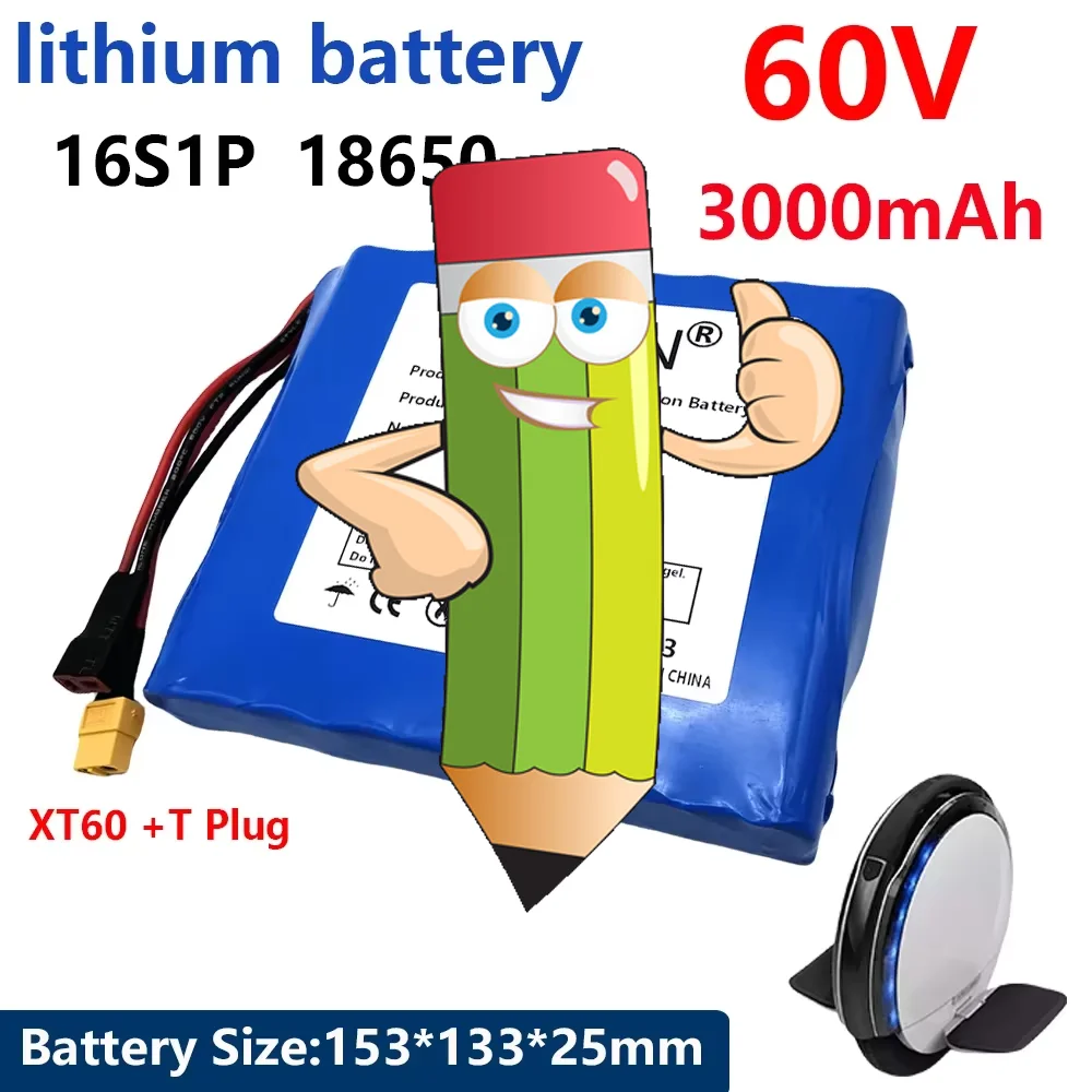 

16S1P 18650 battery pack 60V 3.0Ah lithium with BMS for self-balancing scooter electric unicycle 2200mAh rechargeable battery