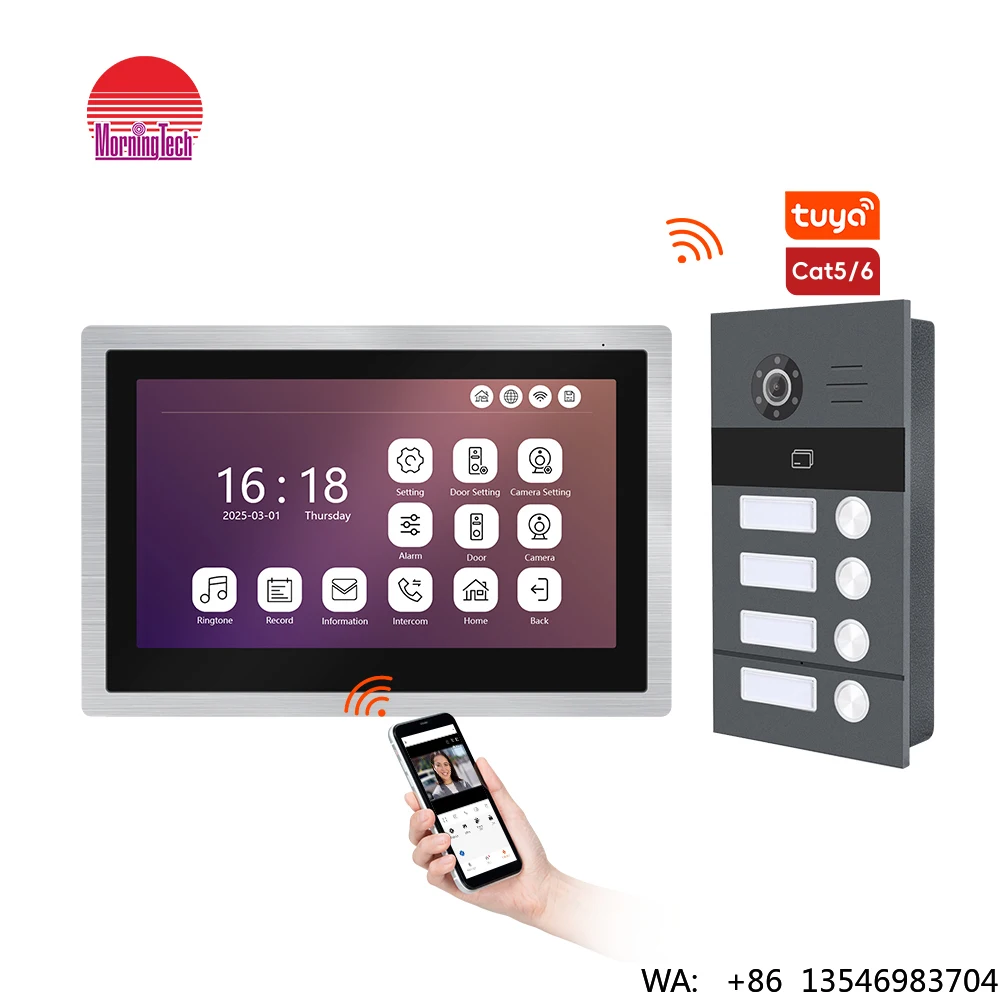 New Arrival TCP/IP Building Intercom System Color Monitor and Waterproof IP65 Camera Doorbell Kit for 4families Use