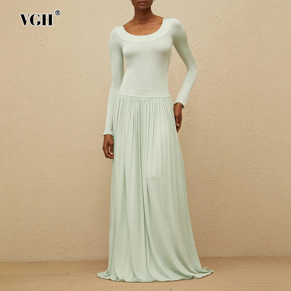 VGH-Vestido largo con encaje empalmado y espalda descubierta para mujer, vestidos de noche plisados con temperamento de cintura alta y manga larga con cuello redondo, novedad