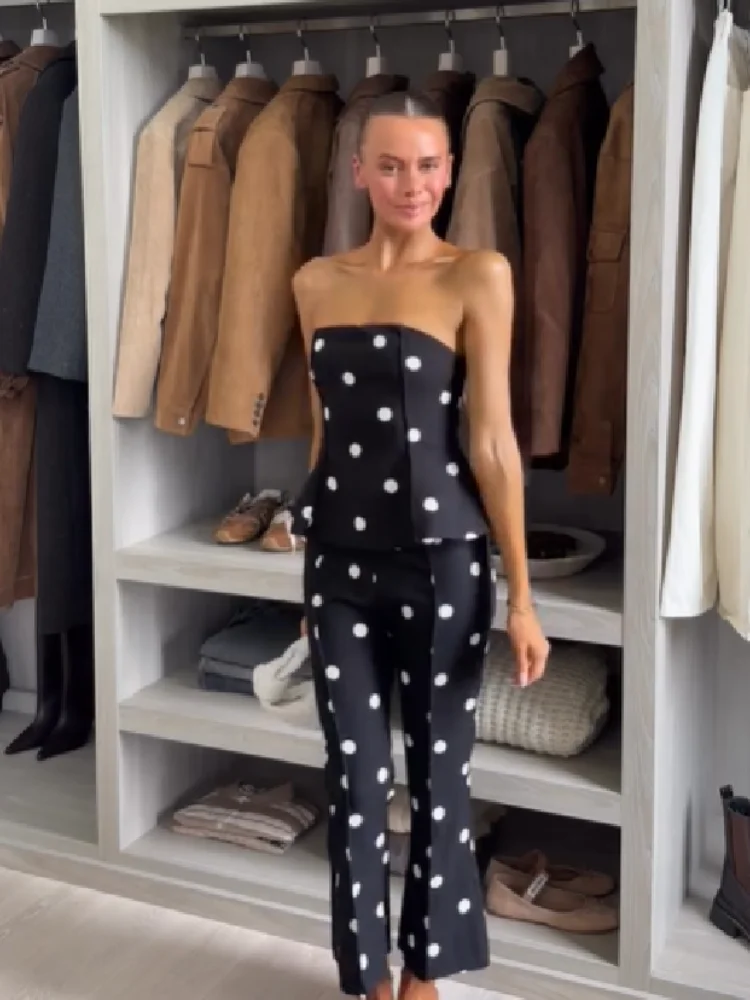 Retro Polka Dot Co-ord Bodysuit Set Trägerloses Tube-Top Gemütliche Hochgeschnittene Schlaghose 2026 Neue Damen Party Elegante Sommerkleidung – Detail 7
