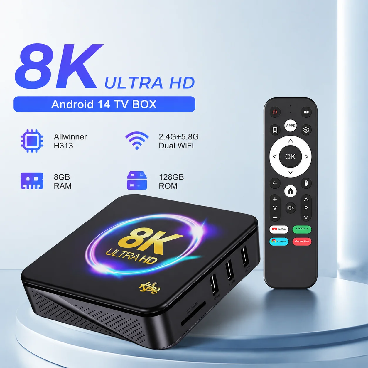 I96 KING TV Box Android 14 8K H.265 Streaming Decode Quad-Core Dual WiFi Voice Remote BT5.0 Media Player for Netflix & YouTube