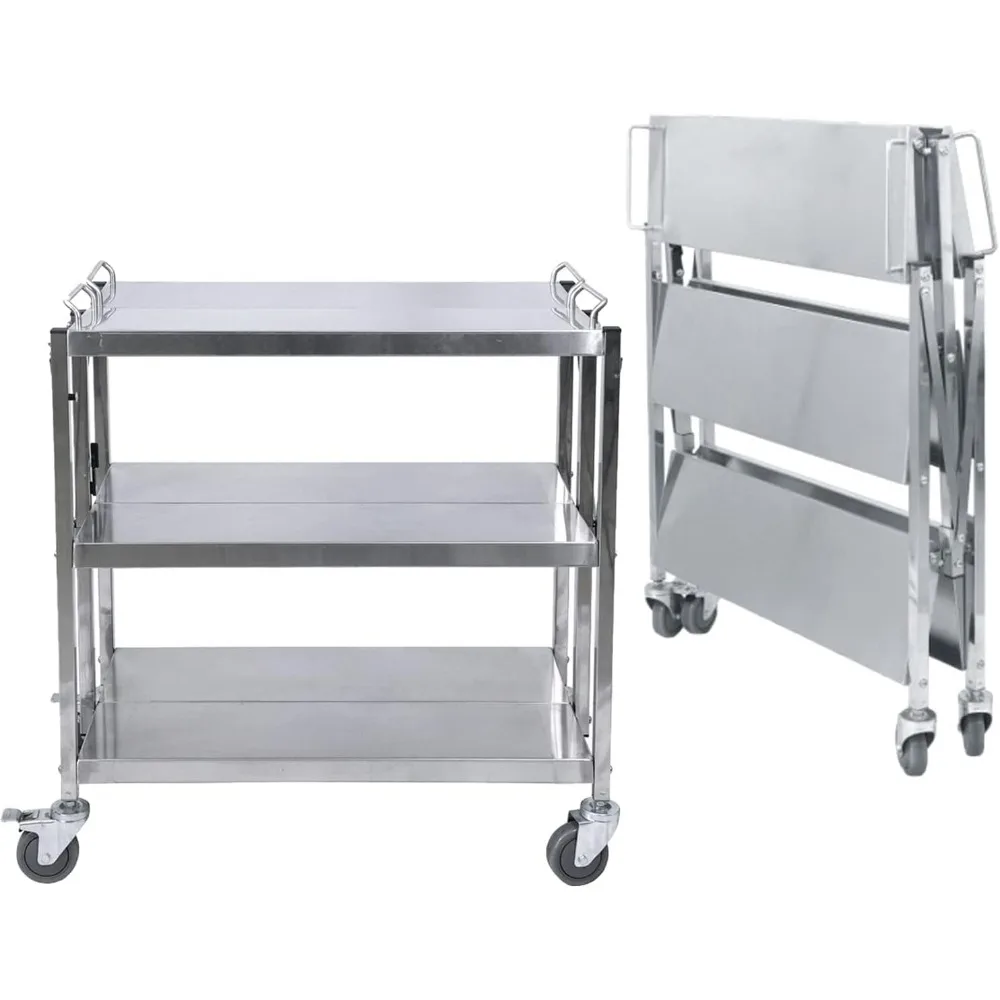 Stainless Steel Folding Utility Cart, Collapsible Serving Cart Wheels,  Commercial Kitchen Trolley Cart for Restaurant Hotels