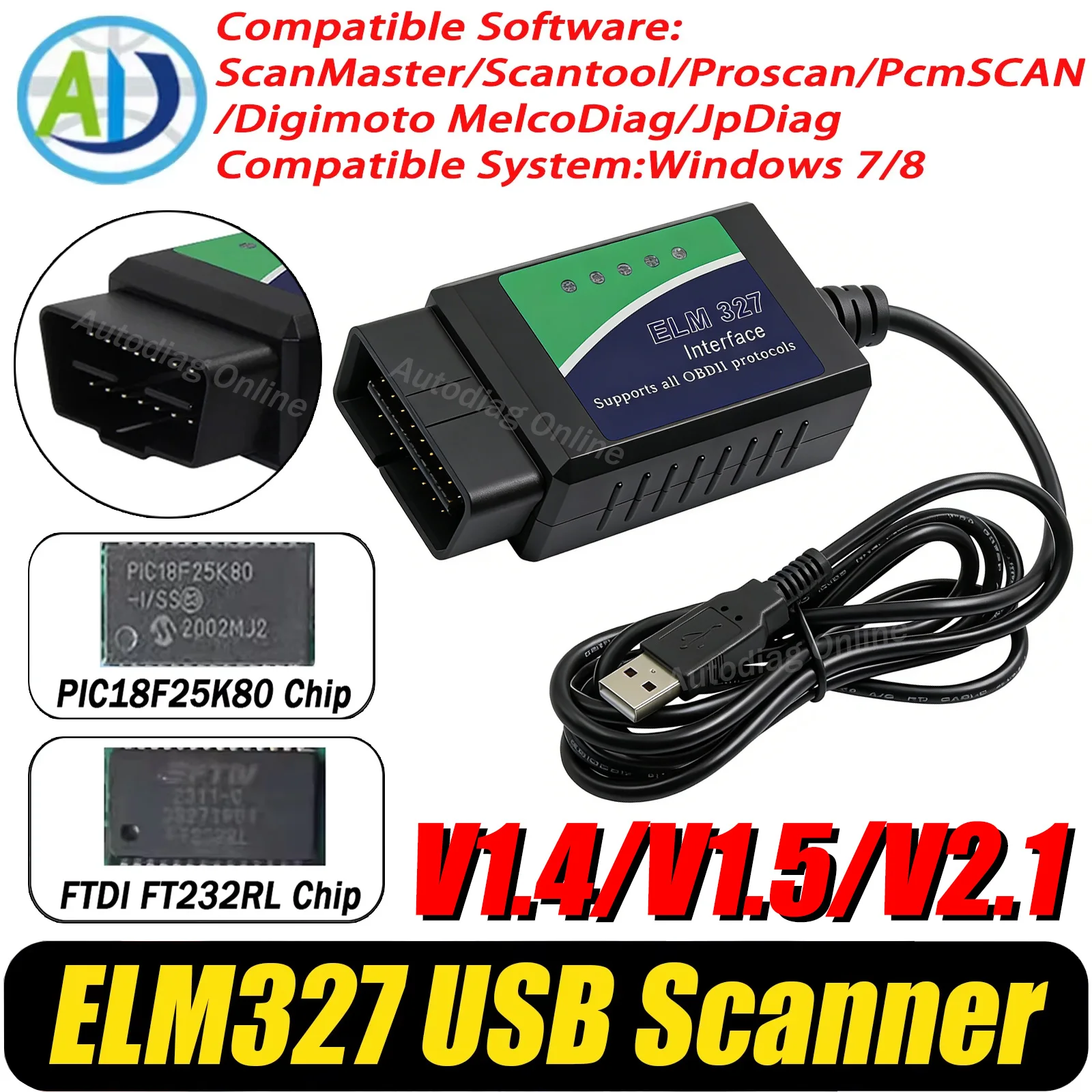 2026 ELM327 V1.5 USB Scanner PIC18F25K80 FTDI FT232RL For Chrysler/Opel/Citroen OBD2 Interface Scanner For ScanTool/MultiEcuScan