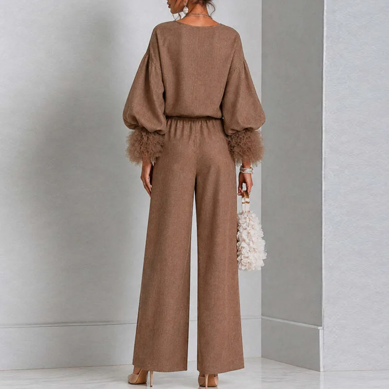 Women Zip Solid 2 Piece Set O Neck Puff Sleeve Feather Cuffs Top & Wide Leg Pants Suit Elegant Casual Fall Winter Fashion Outfit