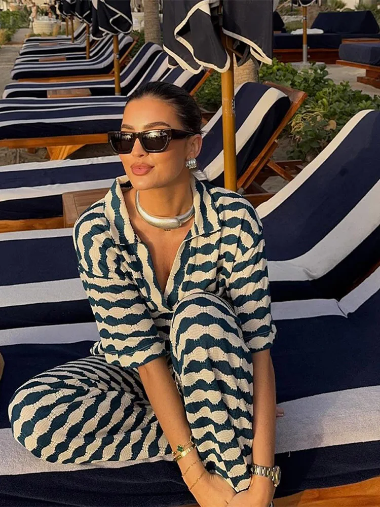 

Knit Stripe Women's Suit Casual Laple Short Sleeve Shirts Loose Waist Wide Leg Pants Female Outfits Summer Lady Outwears
