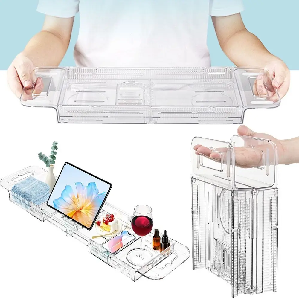 

Anti-Slip Expandable Bathtub Tray Adjustable Length with Handles Transparent Bathtub Table Large Capacity with Phone Holder