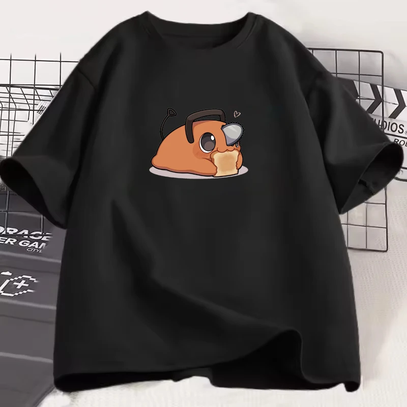 Hot Japanese Anime Pochita Eating Toast Pattern Unisex T-shirt Loose Casual Hip-hop Men Women Tee Trendy Urban Streetwear Shirts