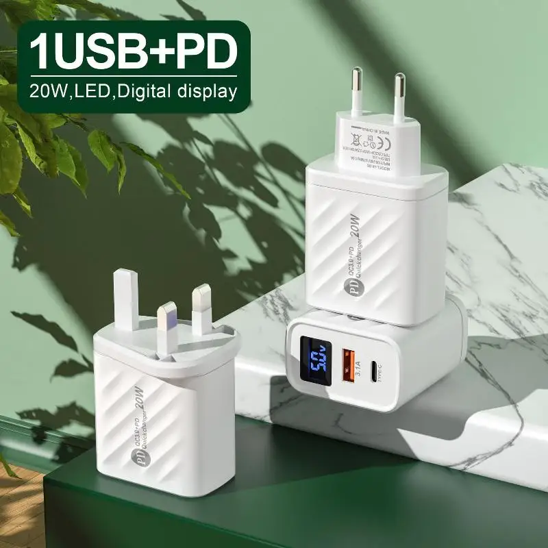 شاحن حائط للهاتف من نوع PD Type C USB مع تقنية الشحن السريع 3.0 بقوة 20 واط وشاشة عرض رقمية