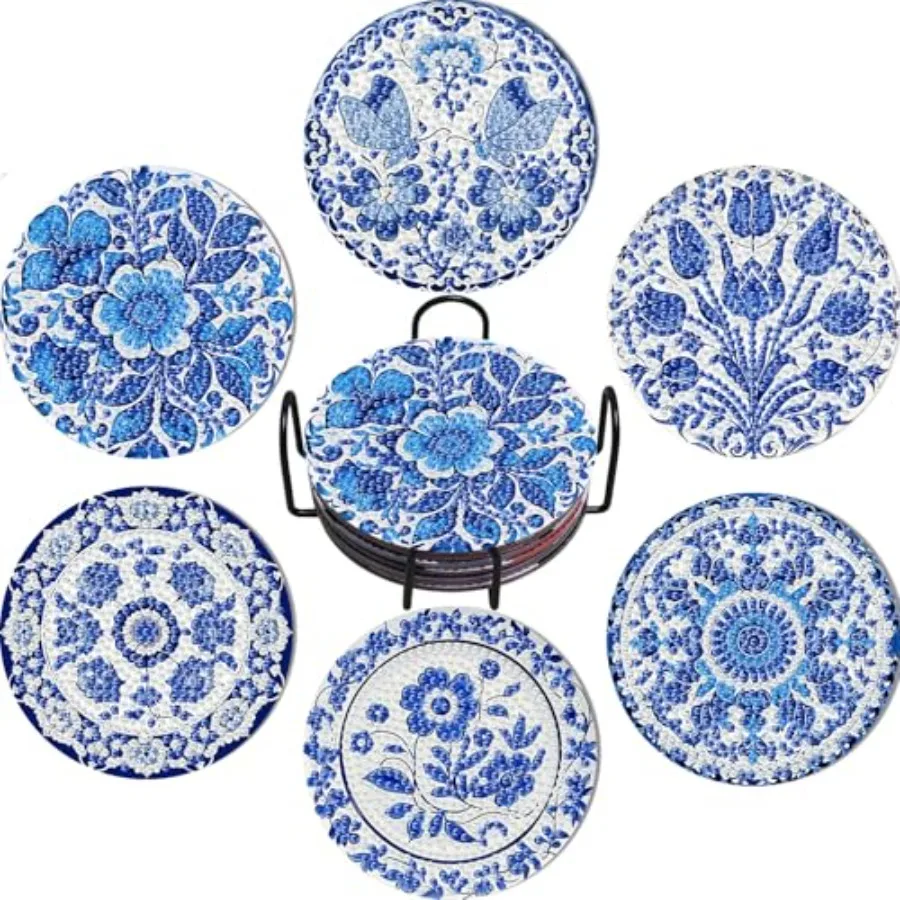 

6 Pcs Diamond Art Coasters Kits for Adults, Blue Flowers Diamond Painting Coasters Kits with Holder Cork Pads, DIY Diamond Art