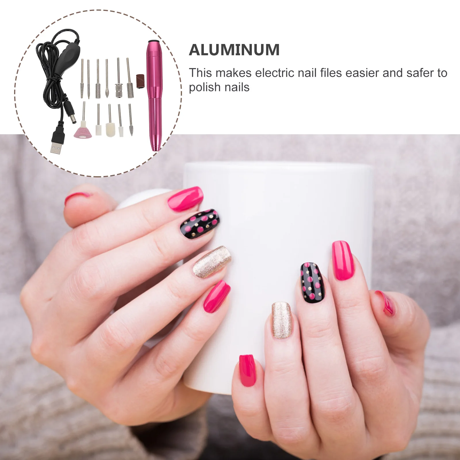

1set Nail Polisher Machine Kit Electric Drill File Pedicure Tools Art Grinding Heads Quiet Motor Speed Control Lightweight