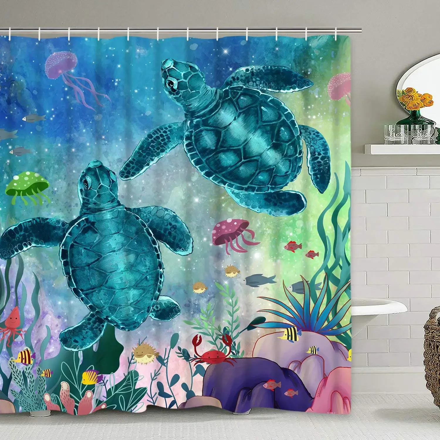 Sea Turtle Ocean Landscape Underwater Fish Seaweed Jellyfish Coral Waterproof Shower Curtain