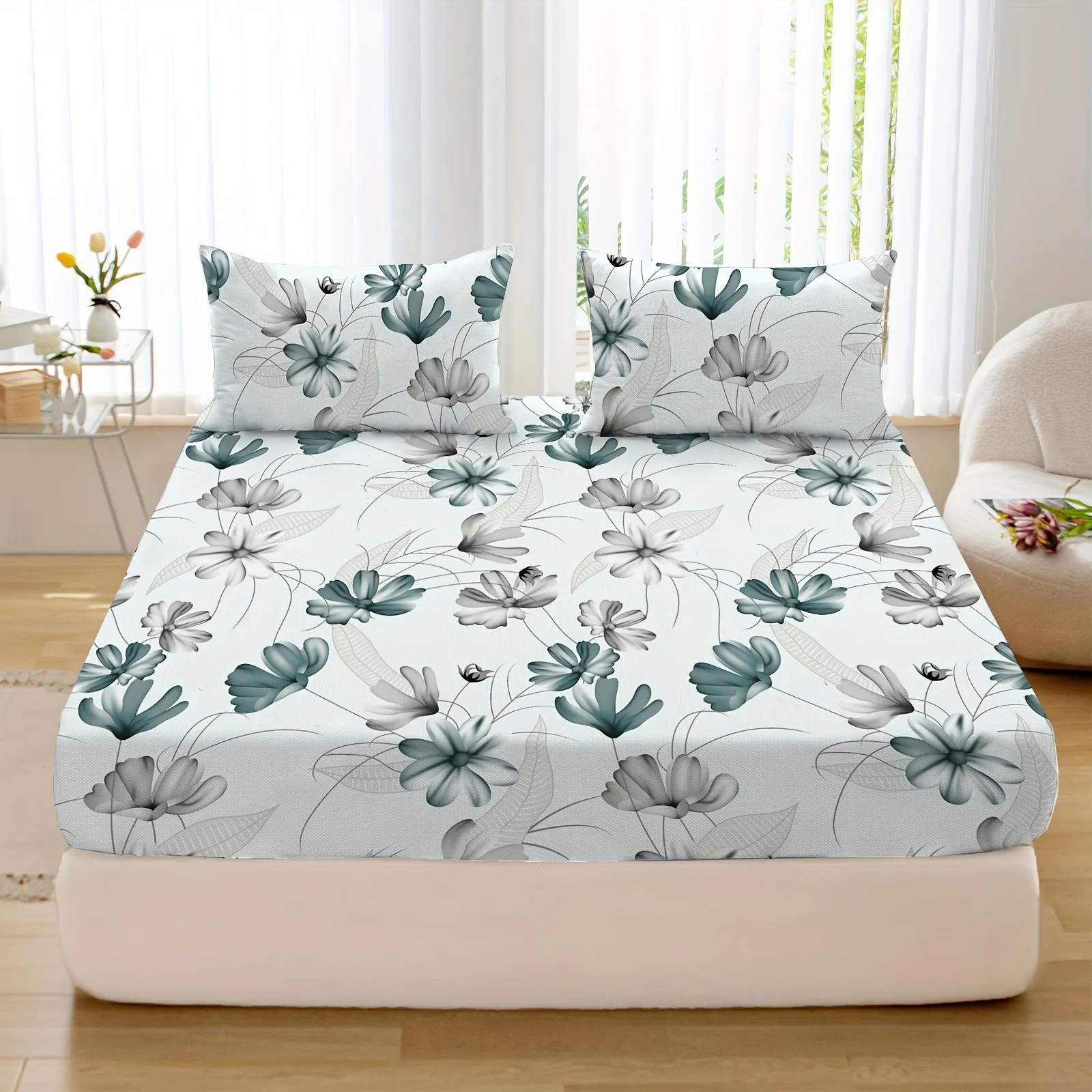 4pcs Plant and flower design bed cover multi-piece set (1 bed cover +1 sheet +2 pillowcases, no core), soft and comfortable,