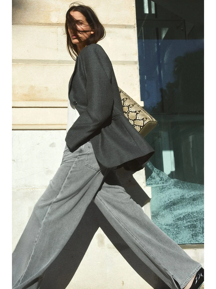 패셔너블한 소프트 와이드 레그 데님 진 여성용 겨울 신상품 H&M l 허리 롱 팬츠 면 100%