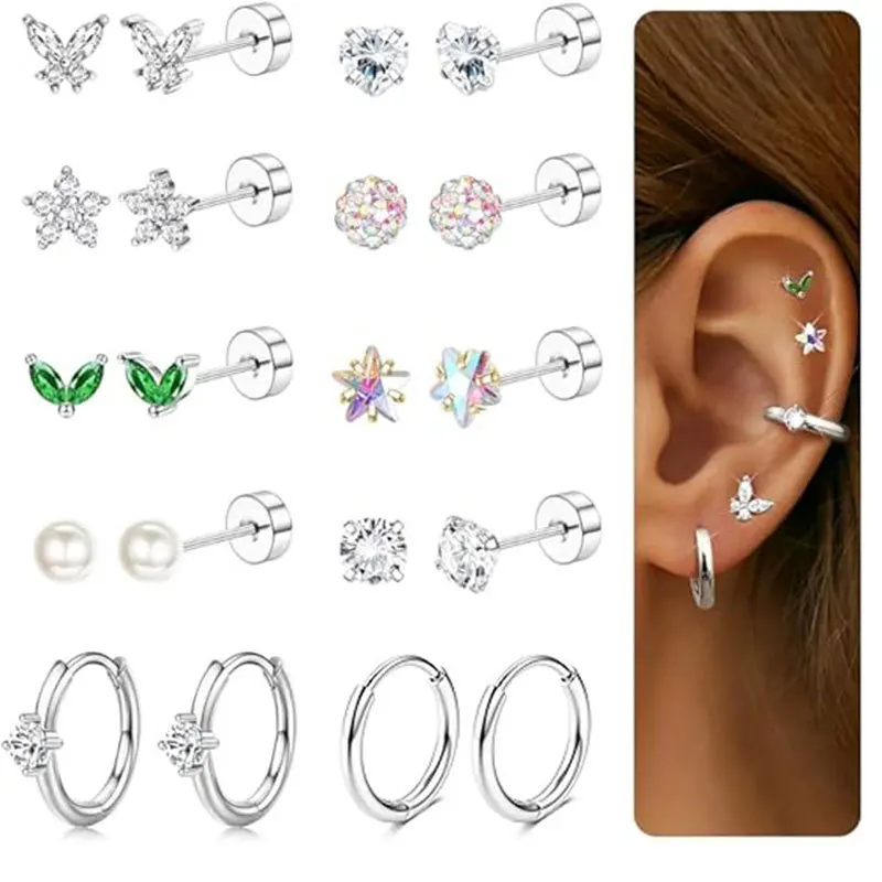 Hypoallergene Ohrstecker aus chirurgischem Stahl, Creolen-Set, Creolen, Tragus-Knorpel-Piercing, flache Rückseite, Ohrring für Damenschmuck – Detail 10