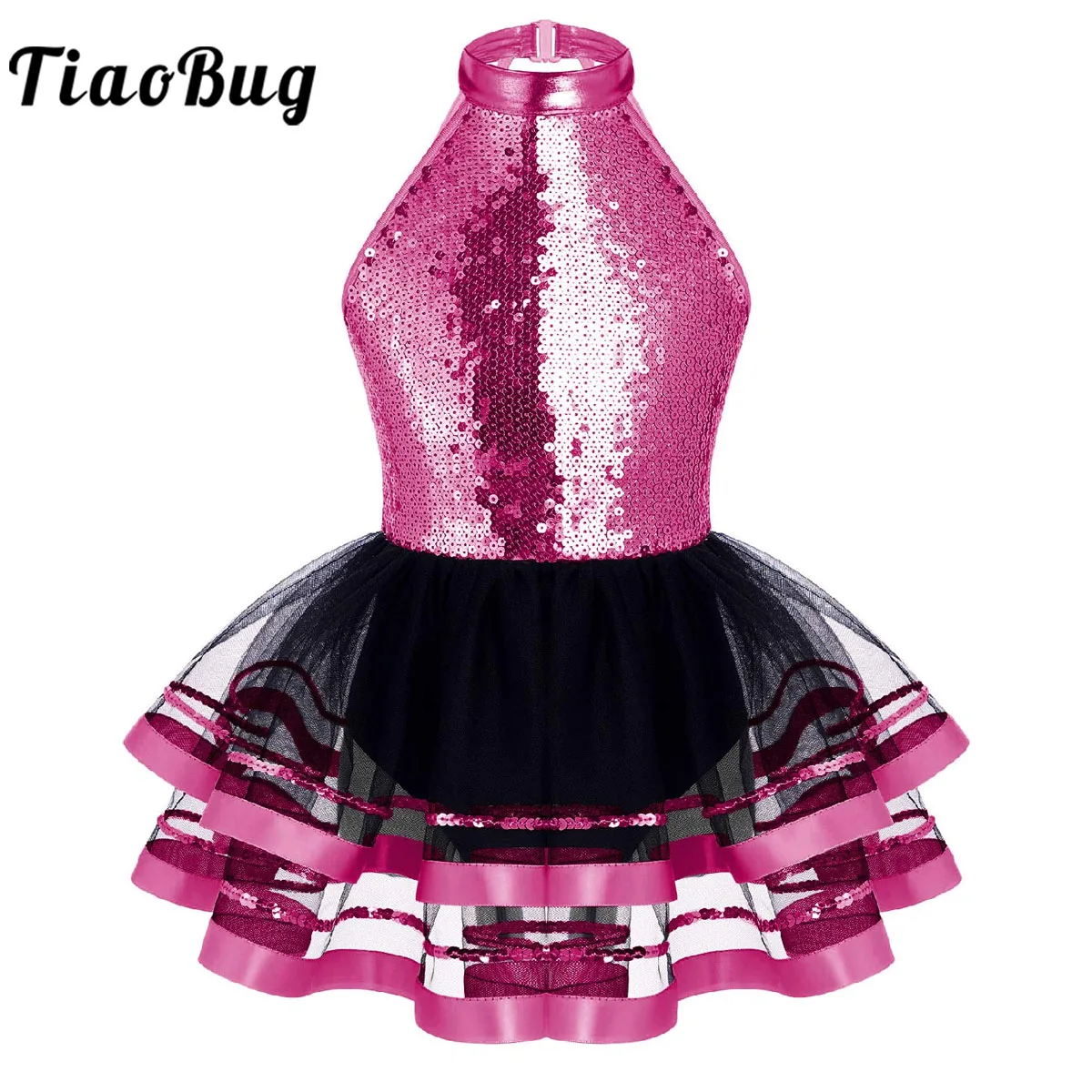 Kids Girls Sequins Halter Ballet Dance Tutu Dress Shiny Gymnastics Leotard Glitter Modern Latin Jazz Dancing Costume Dancewear