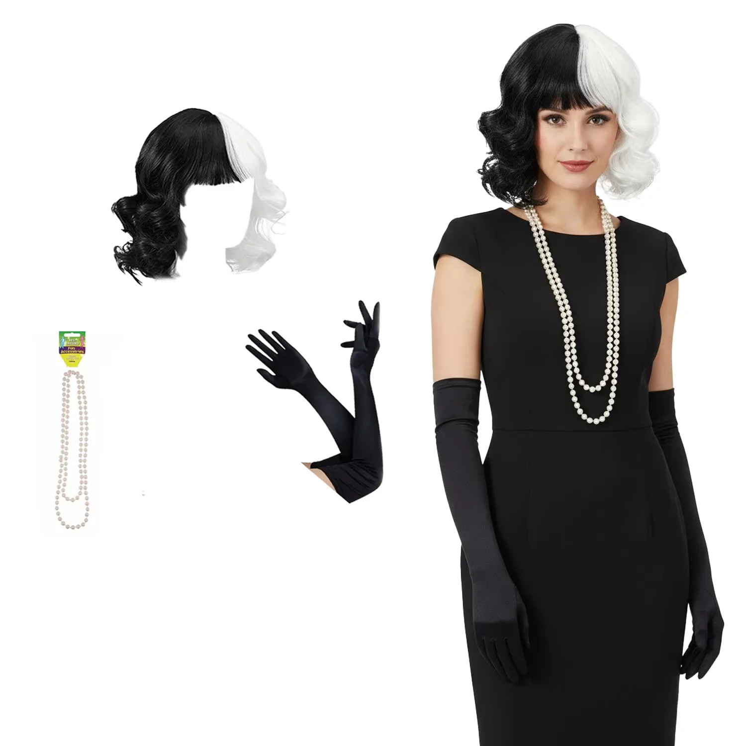 

PESENAR women's outfit accessories, 1920s outfits, wigs, gloves, necklaces, 3 pieces of clothing, party