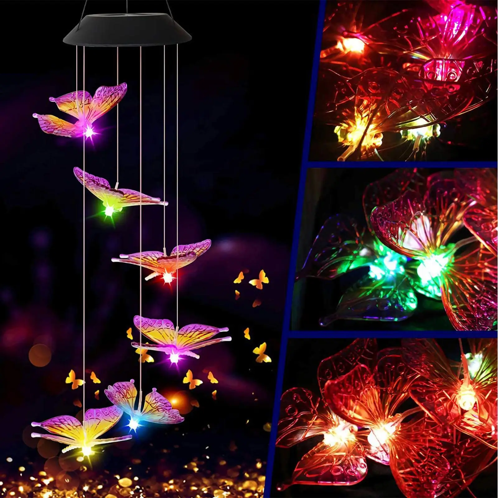 Solar Powered Butterfly Chime, LED de mudança de cor Hanging Wind Chime, Exterior e Interior, Jardinagem Quintal