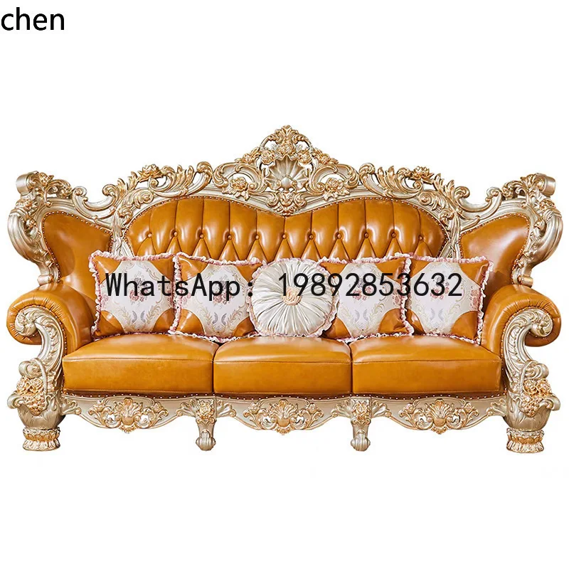 

P30 Champagne Gold Genuine Leather Sofa Set Villa High-End Carved Furniture Set Leather Art Sofa