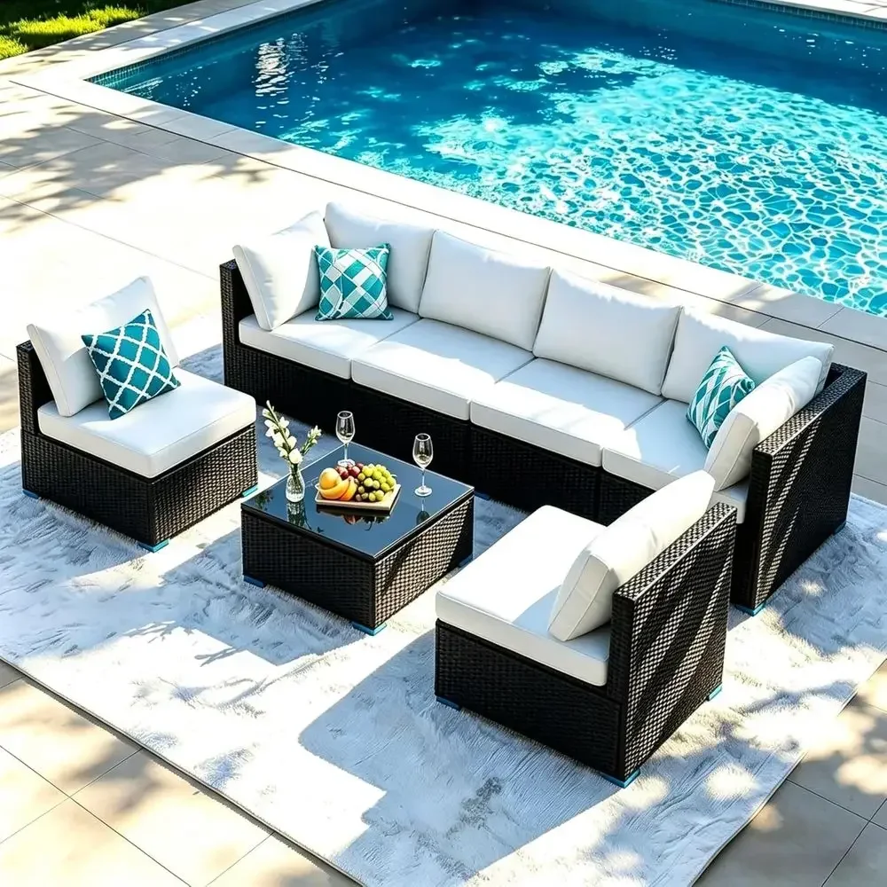 7-Piece Outdoor Sectional Sofa Set with Cushions and Cover, Poolside Furniture, Wicker Patio Conversation Area, Cream
