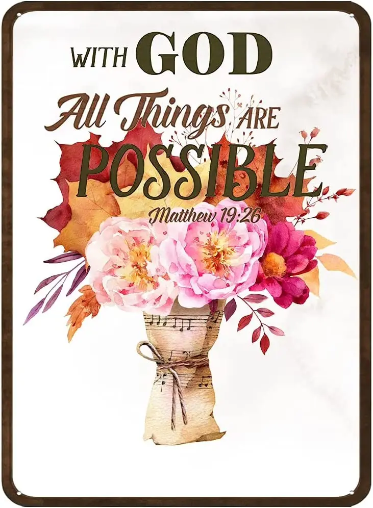 With God All Things are Possible Fun Tin Sign Woodland Bouquet Printable Floral Metal Sign Farmhouse Decor Maple Leaves