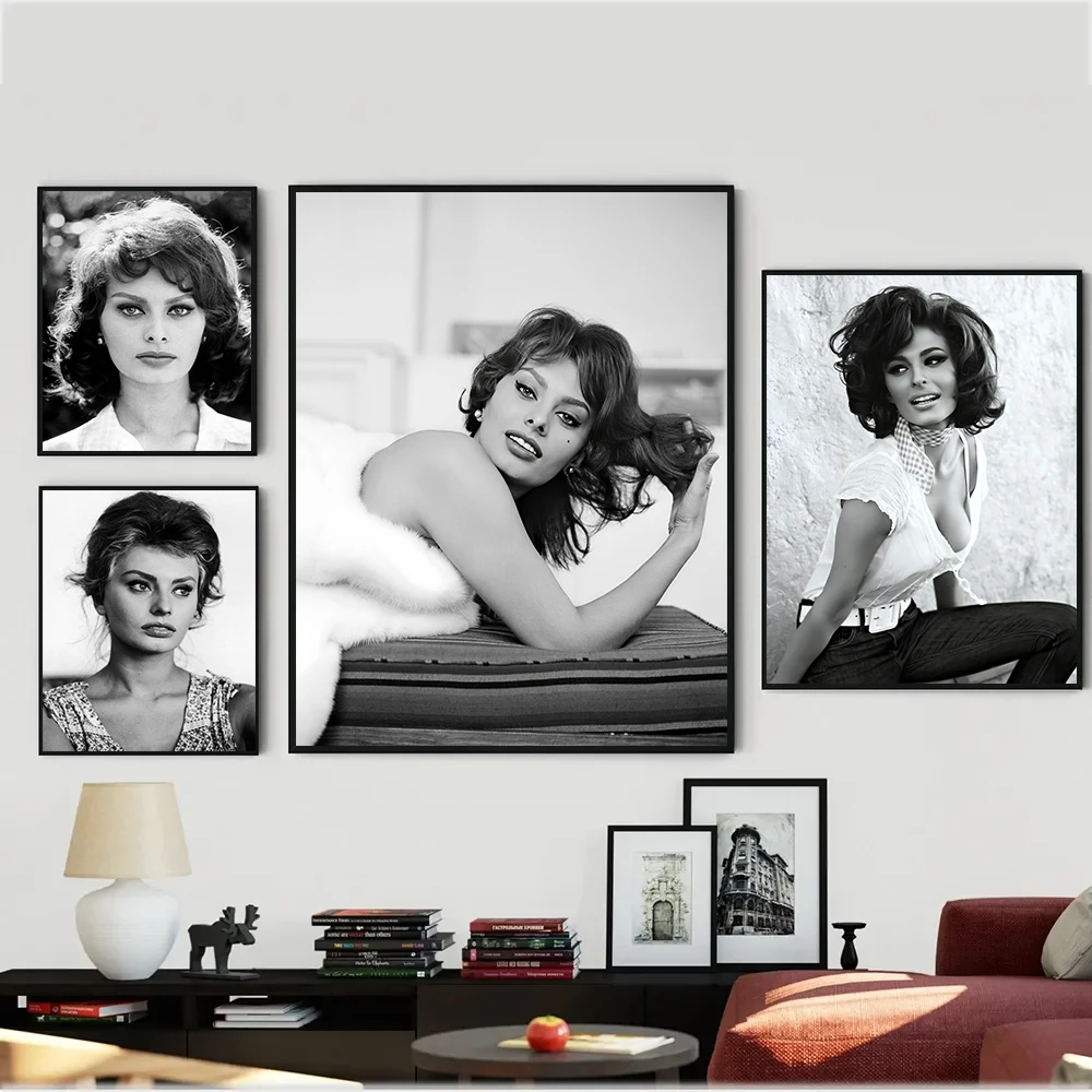 Modern Fashion Female Star Sophia Loren Sexy Beautiful Black White Portrait Poster Canvas Paintings Wall Art Pictures Home Decor