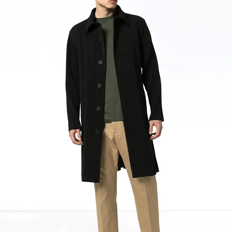 

Casual Mid-Length Men's Windbreaker Coat Pleated Fabric Drapey Collar Flip Collar Trendy Autumn Outerwear Loose Fit Youth