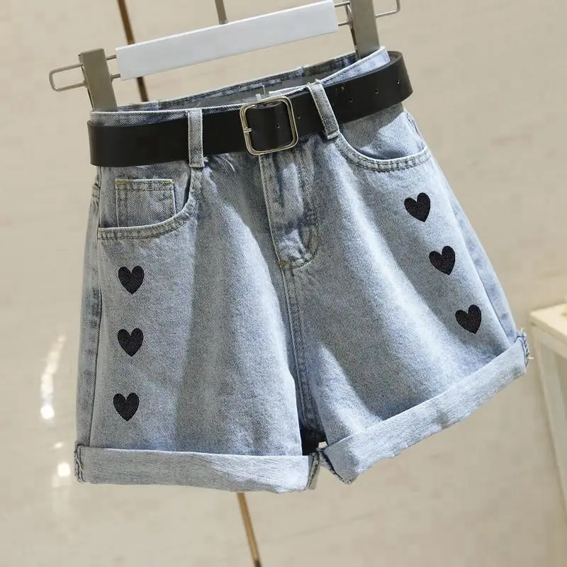 Summer New Love Embroidery High Waist Denim Shorts Solid Color Loose A-line Wide Leg Hot Pants Trend Fashion Women Clothing