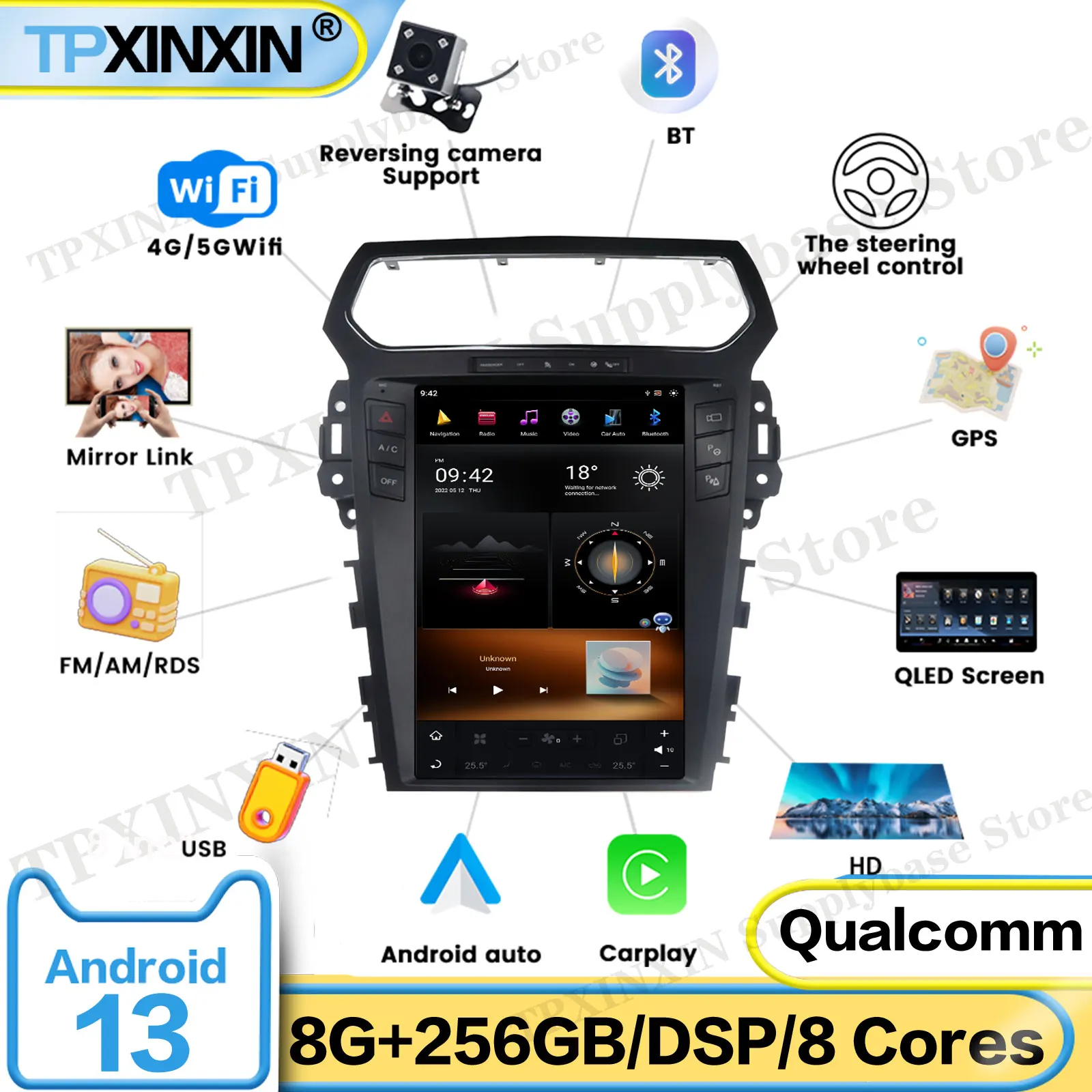 

Intelligent Qualcomm Car Radio With Carplay Android 13 Screen For Ford Explorer GPS Navigation Upgrade IPS Head Unit