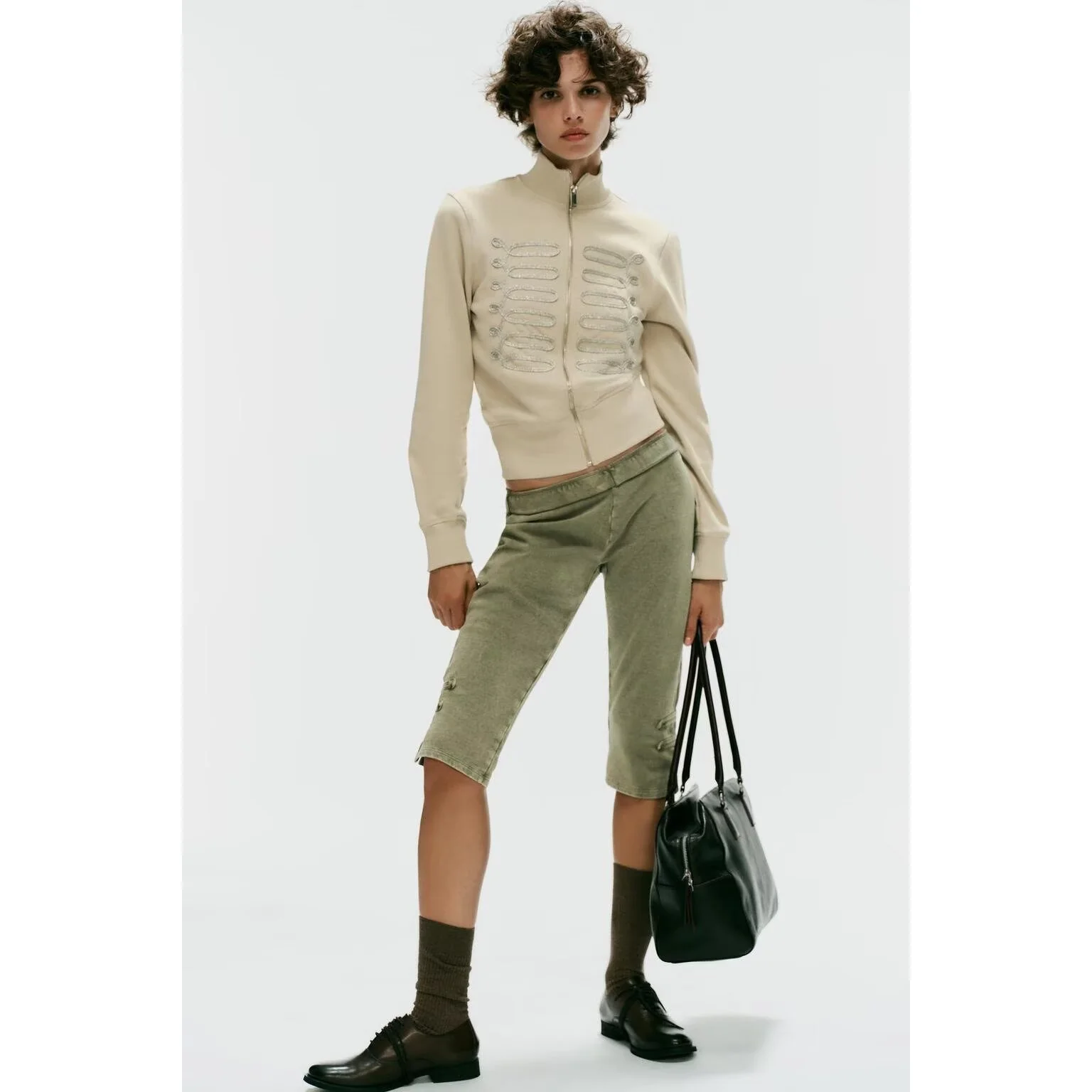Fashionable ZR Wind Women's Hoodie Jacket Knot Button Stand Collar Outerwear Polyester Fiber Autumn Seasonal Ladies Coat