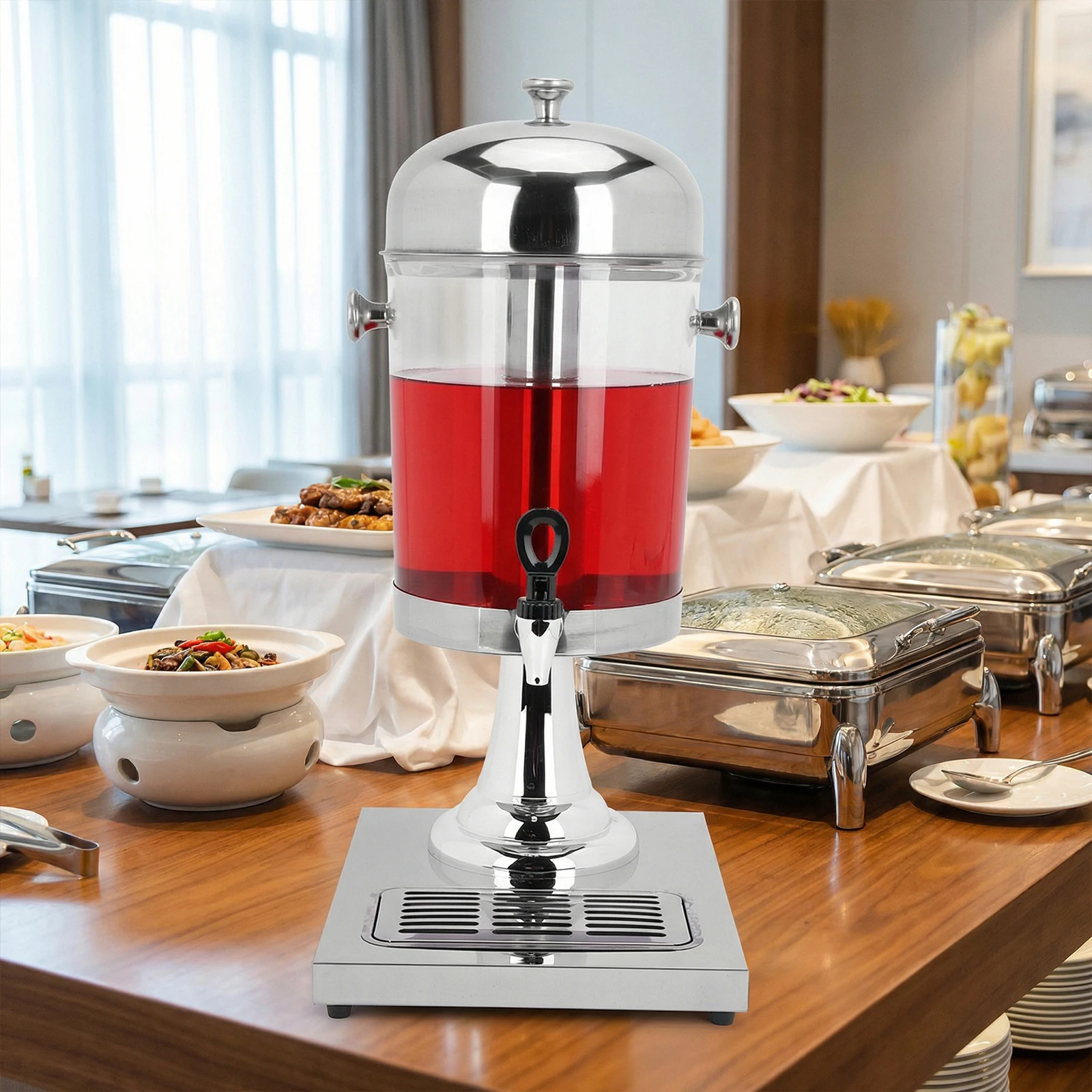 

2.1/4.2 Gallon Commercial Hot Cold Juice Dispenser with Ice Container and Stainless Steel Drip Trays for Banquet Restaurant
