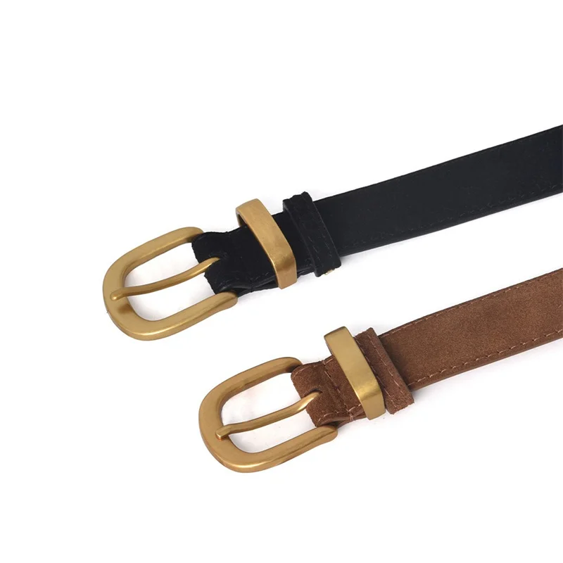 New Double Genuine Leather Belt for Women Cowhide Suede Belts with Trendy Square Alloy Buckle Ideal for Dresses and Jeans