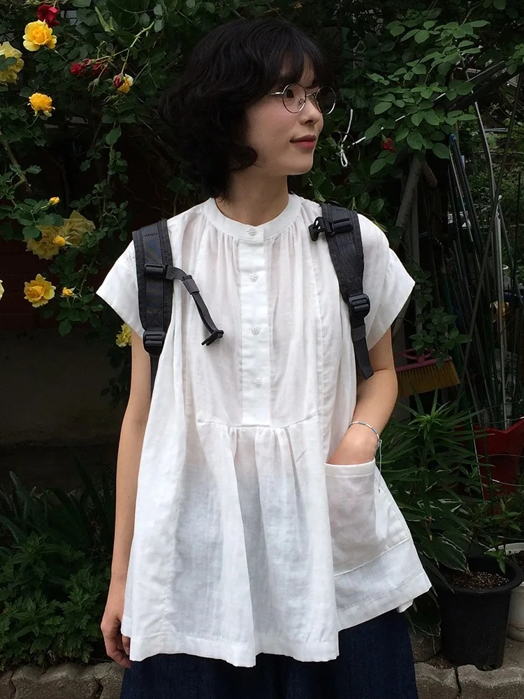 Summer New Sle Women's Loose ort Sve irt Folded ket Design Flower  Top Commute Pure Color round Ne irt