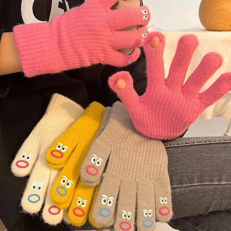 1 piece five-finger cute Korean version of wool thickened warm gloves, women's autumn and winter riding can touch screen
