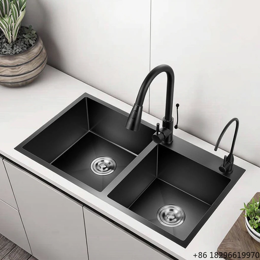 Handmade 304 Stainless Steel Double Bowl Kitchen Sink Black Nano Counter Easy Installation No Fading Hotel