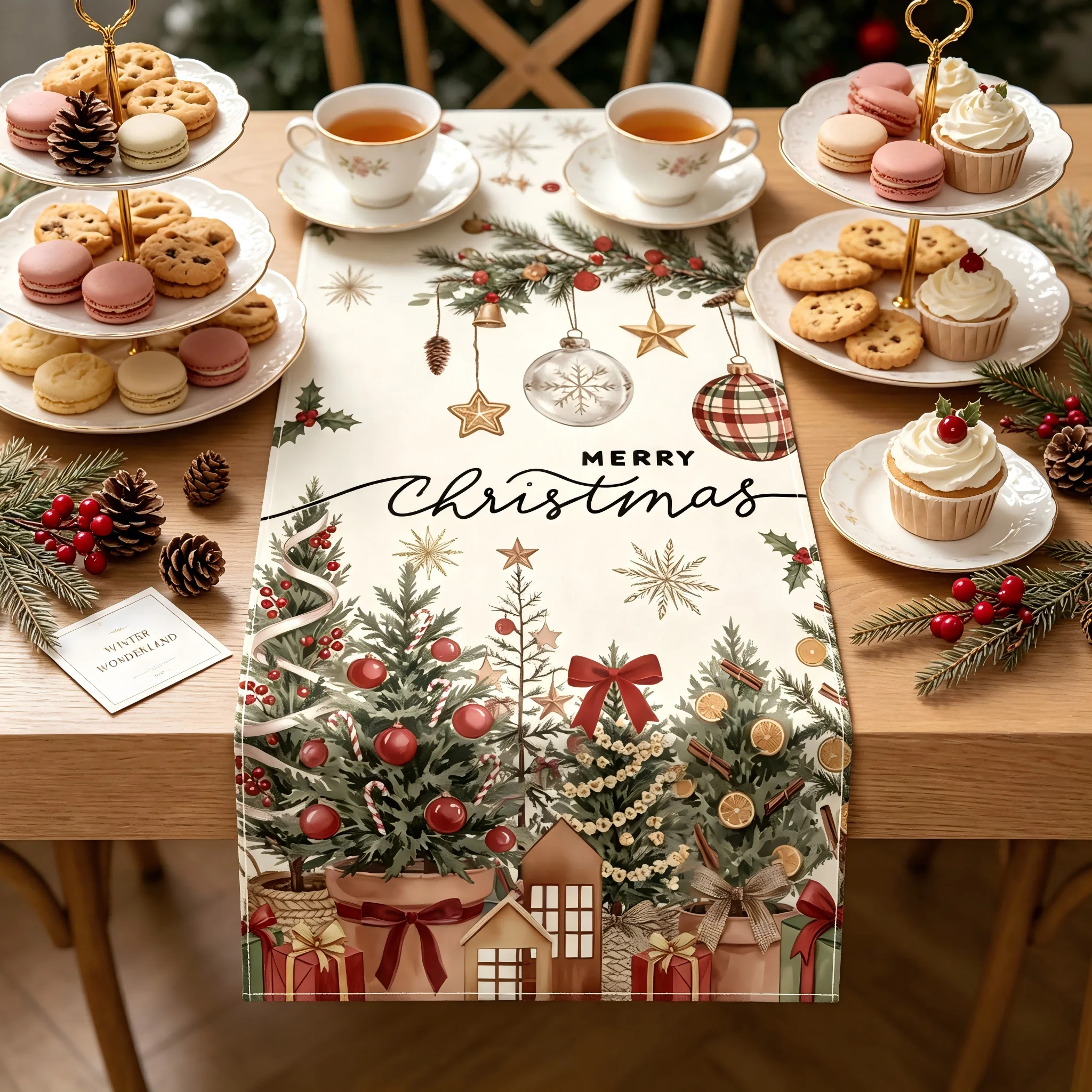1 Piece of Retro Pastoral Christmas Table Flag Light-Painted Potted Christmas Tree with Star Hangings for Christmas Family Dinne
