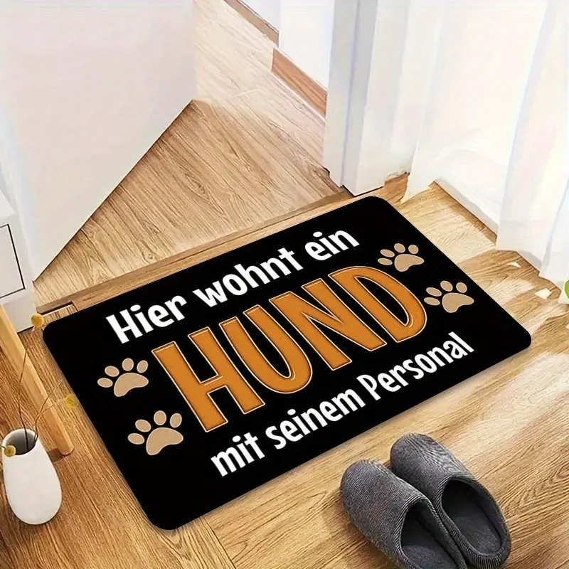 German Pet Family Doormat - "DOG" Text with Paw Print, 0.4-Inch Thick Sponge, Black with White Lettering, Machine Washable Rug