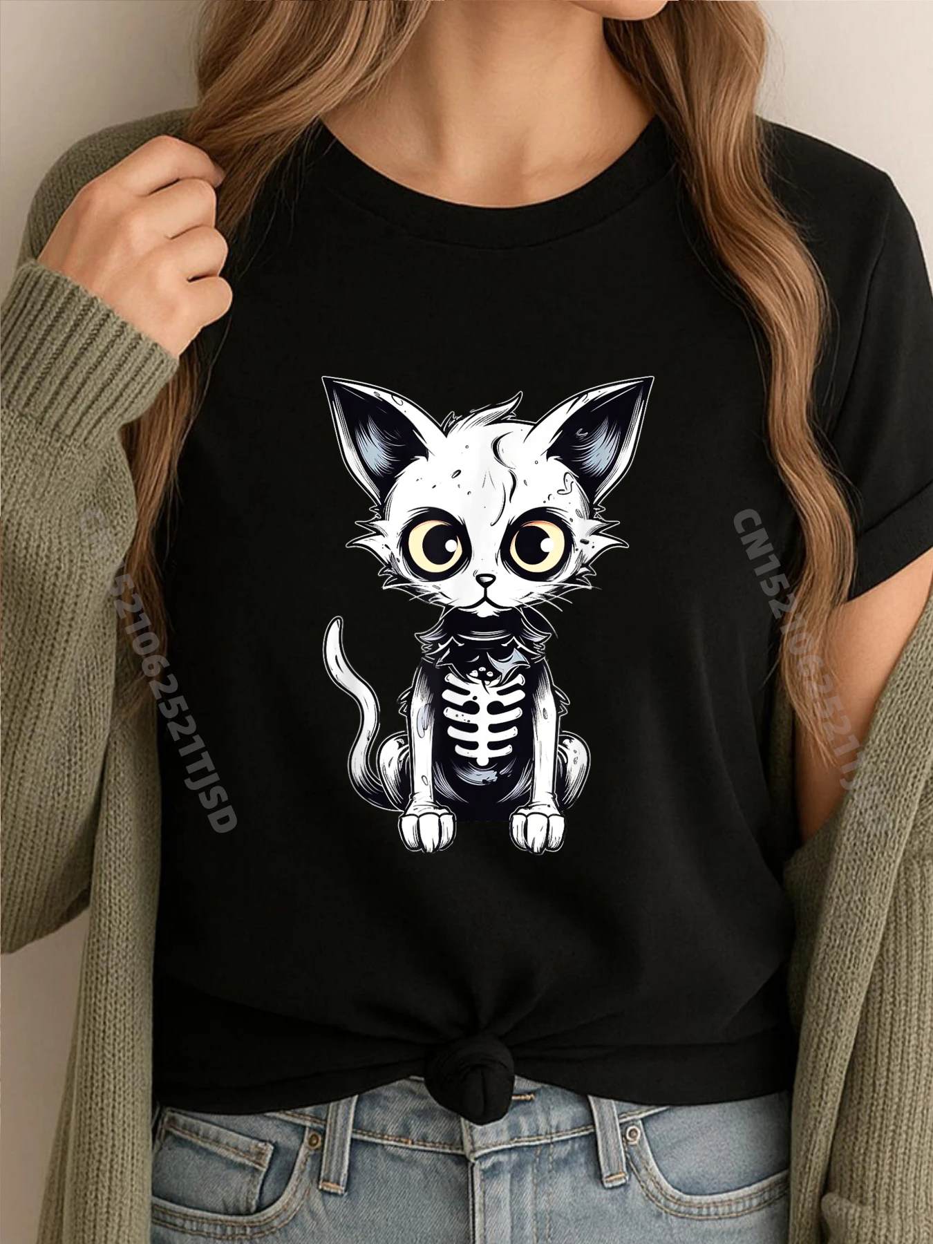 

Halloween Skeleton Cat Plain T Shirts Wholesale Free Shipping Clothes Oversized Gift