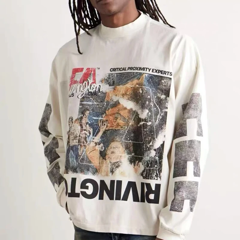 

Уличная одежда с узором и цементным принтом, белая футболка для мужчин и женщин, винтажные футболки большого размера RRR123, футболки с длинными рукавами, топ большого размера