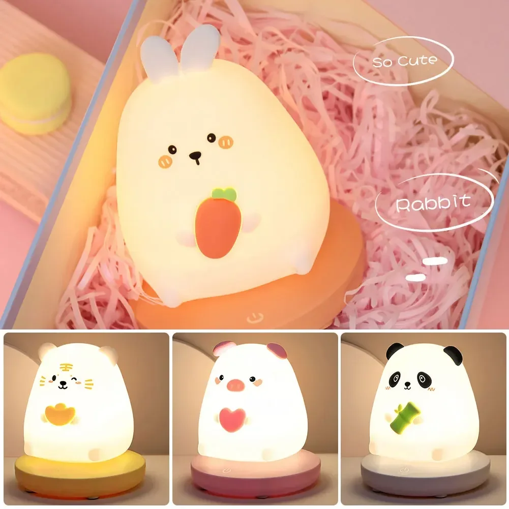 Luzes noturnas led para quarto das crianças, animal bonito, porco, coelho, lâmpada de silicone, sensor de toque, dimmable, presente de feriado infantil