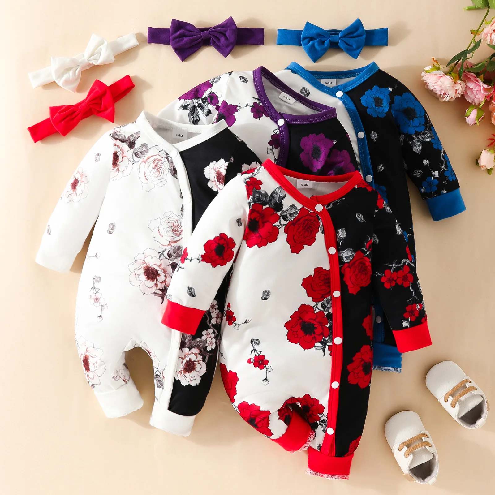 Baby Girl Newborn Onesies Romper 0-18Months Flower Splicing Cute Toddler Clothing Long Sleeve Cute Tiny Button Infant Jumpsuit