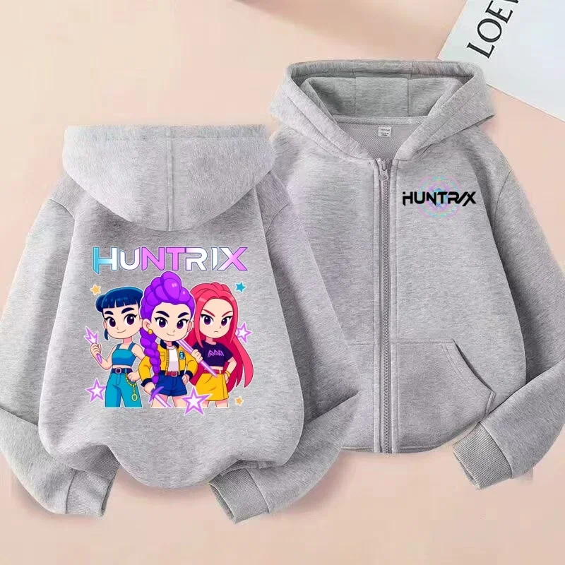 سترة قميص بسحاب للأطفال على طراز مجموعة الفتيات اللطيفة من HUNTRIX، سترة بغطاء للرأس مطبوعة برسوم كارتونية على طراز Q للأطفال #5