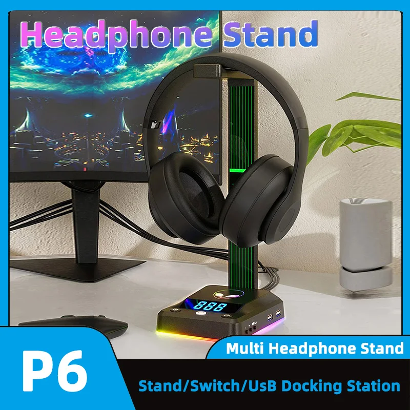 TEUCER P6 RGB Gaming Headphone Stand with 4 USB 2.0 Ports Desktop Switch for Gamer PC Headset Desktop Display Stand Accessories