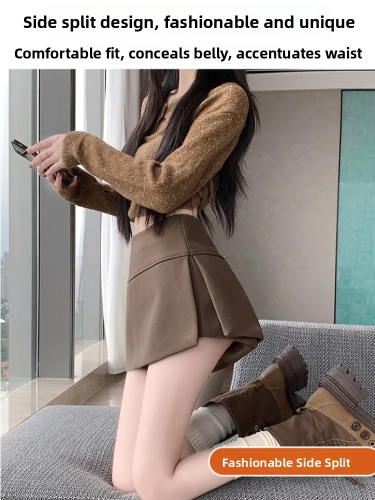 Caramelo xadrez saia de lã feminina outono inverno a linha envoltório cintura alta ort saia calças commute sle bordado