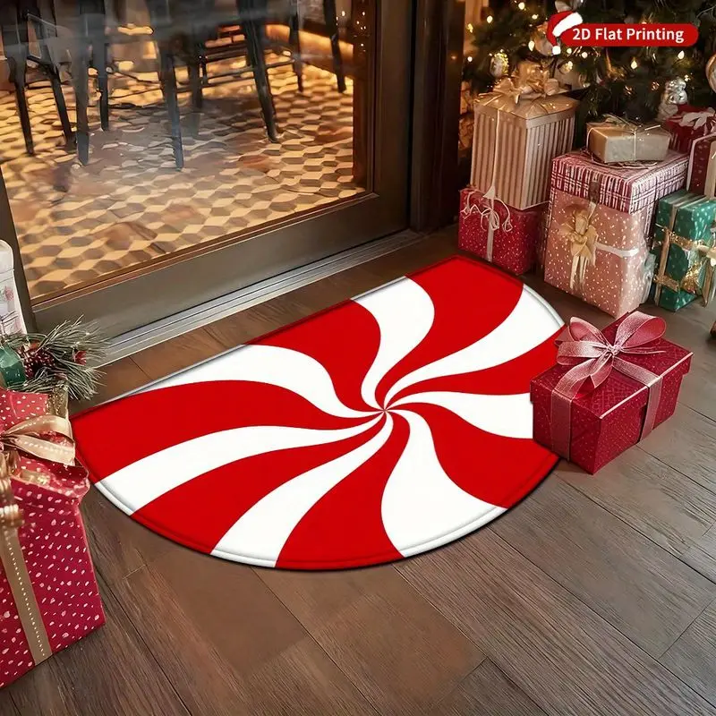 VIKAMA Christmas Half Round Mat Candy Cane Spiral Print Entryway Mat Non Slip Holiday Winter Cozy Indoor Aesthetic Home Decor