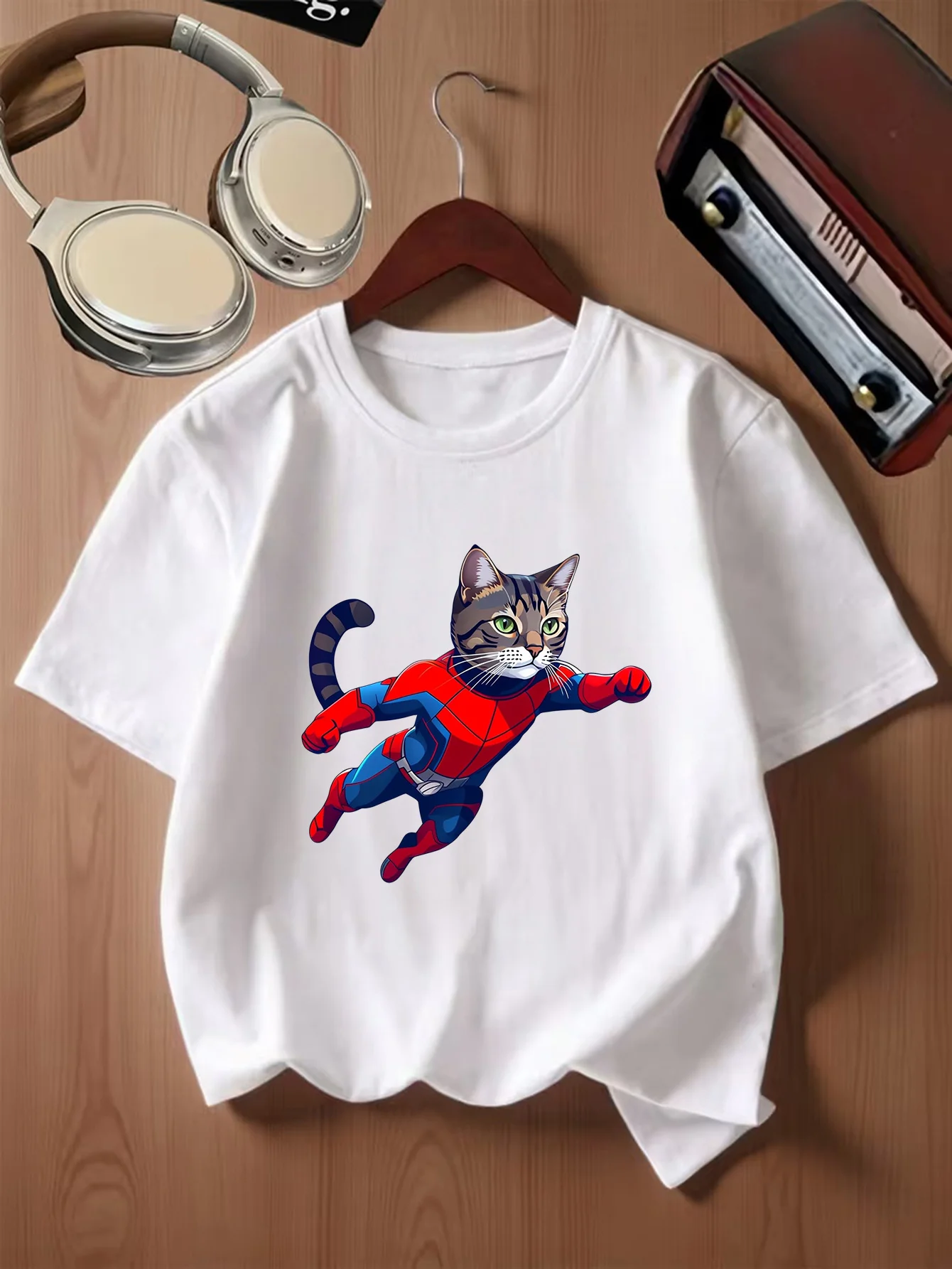 Cool Tabby Cat In Spider Hero Suit Creative Cartoon Print Kids T Shirt Boys Girls Family Matching Summer Crew Neck Casual Tee